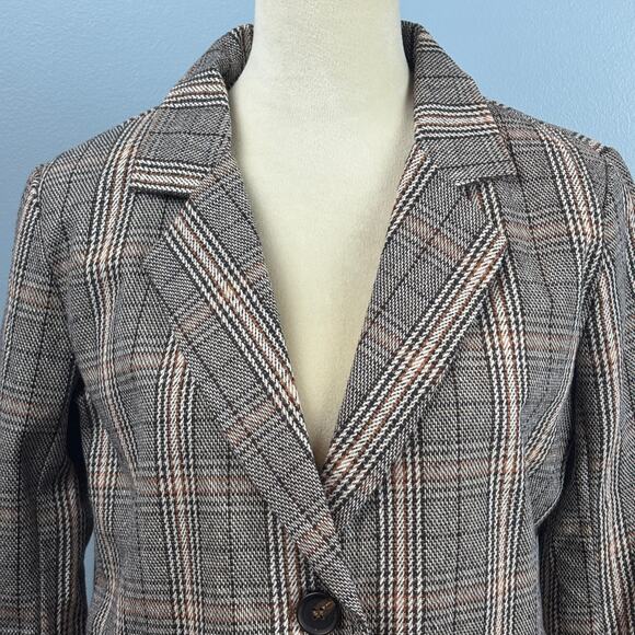Plaid Tweed Long Blazer Jacket Collar Button Front Career Women's Med Academia - Picture 5 of 6